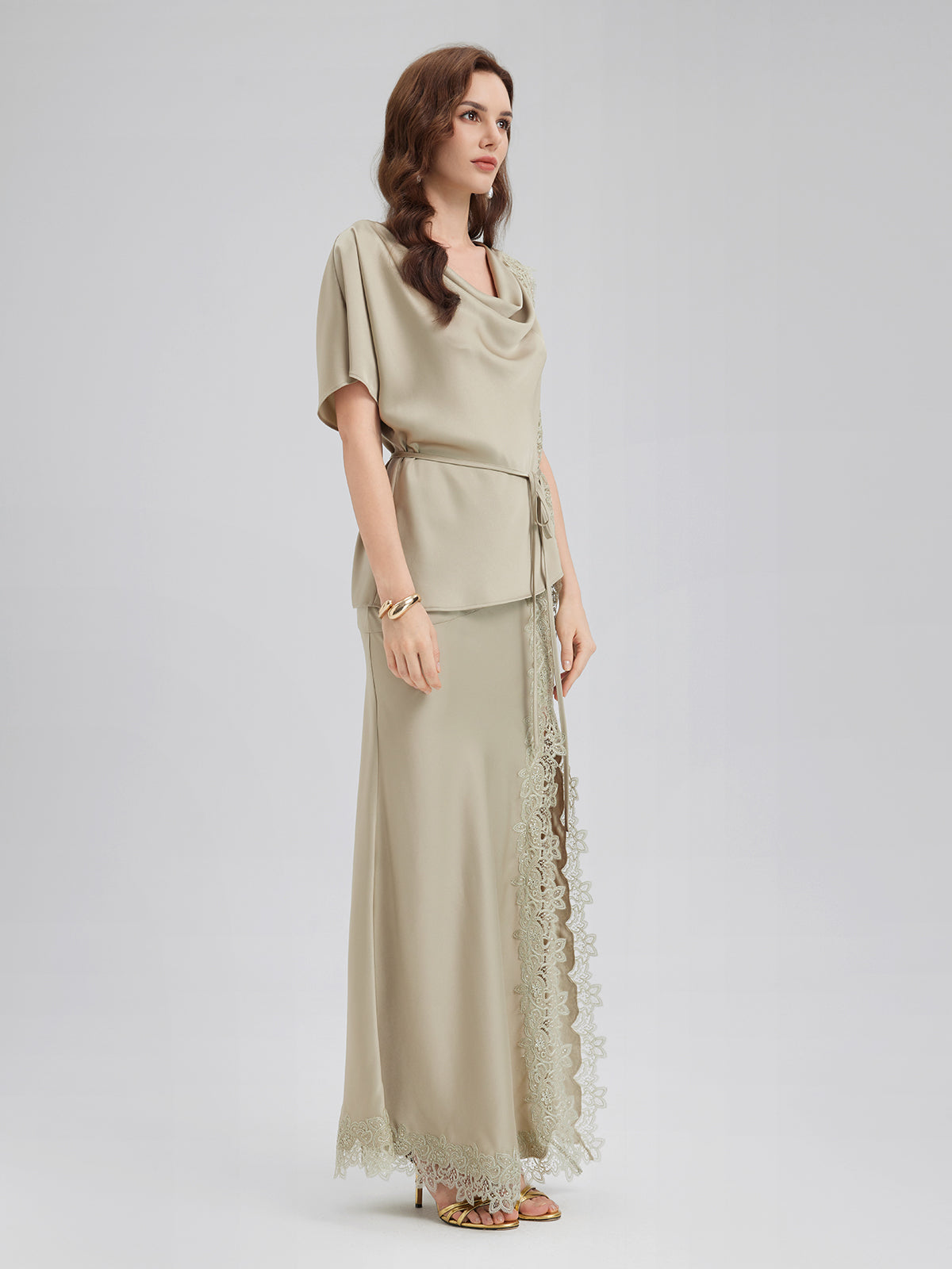 Cowl Neck Lace-Panel Mermaid Set
