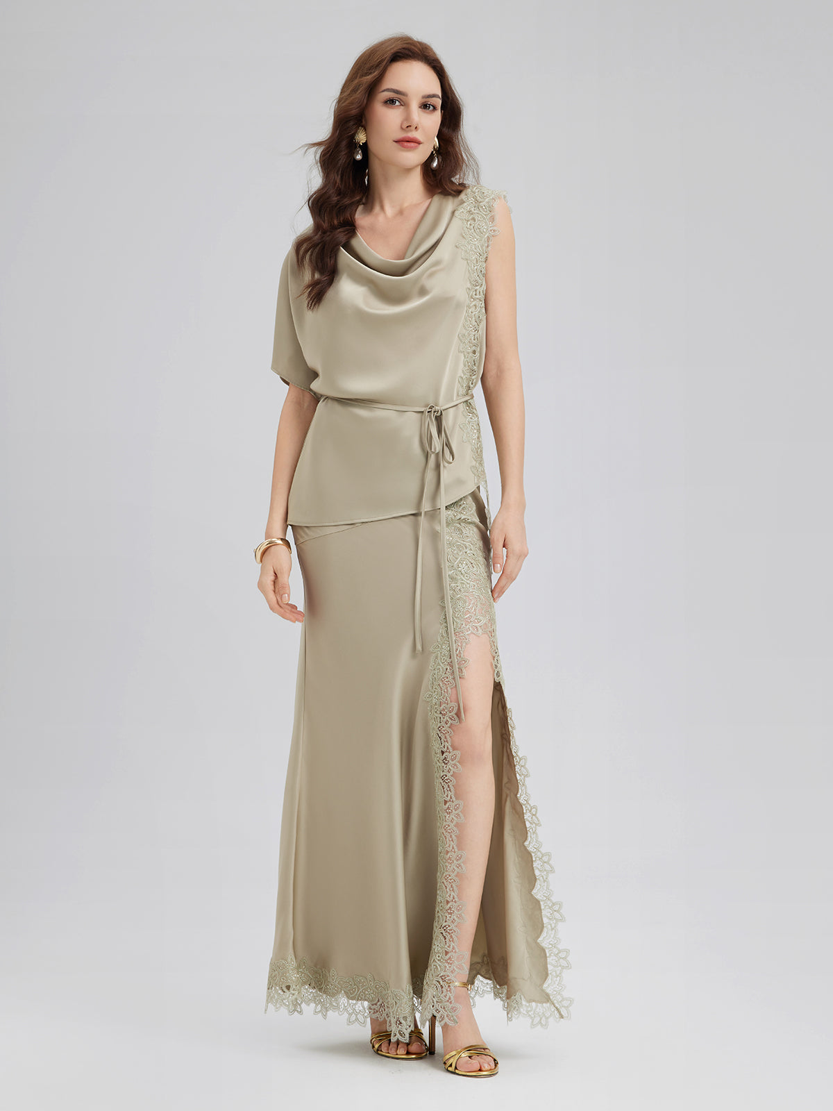 Cowl Neck Lace-Panel Mermaid Set