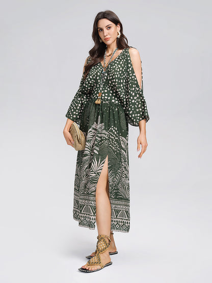 Tropical Botanical Print Off Shoulder Dress