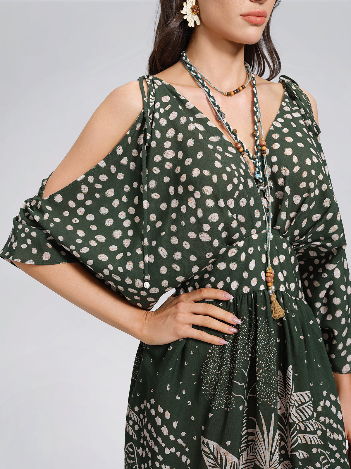 Tropical Botanical Print Off Shoulder Dress