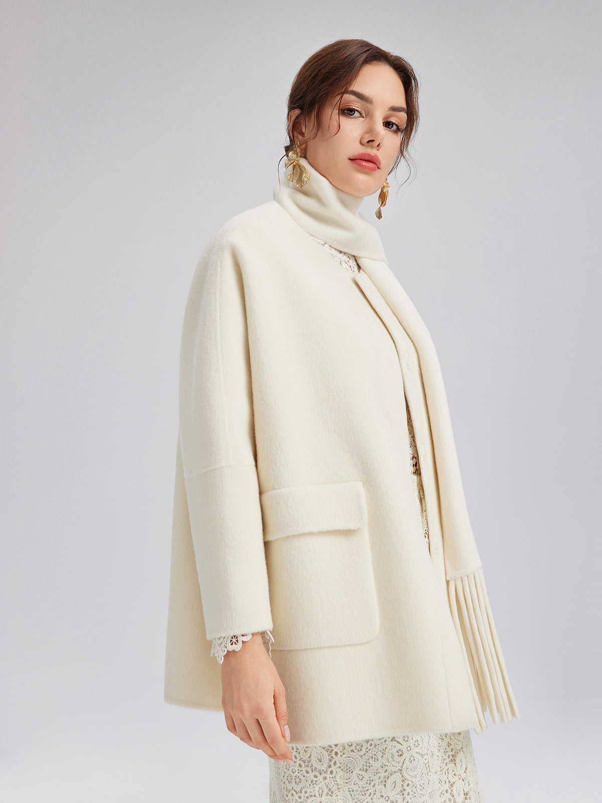 Double-Faced Wool Coat (Fringe Scarf Included)