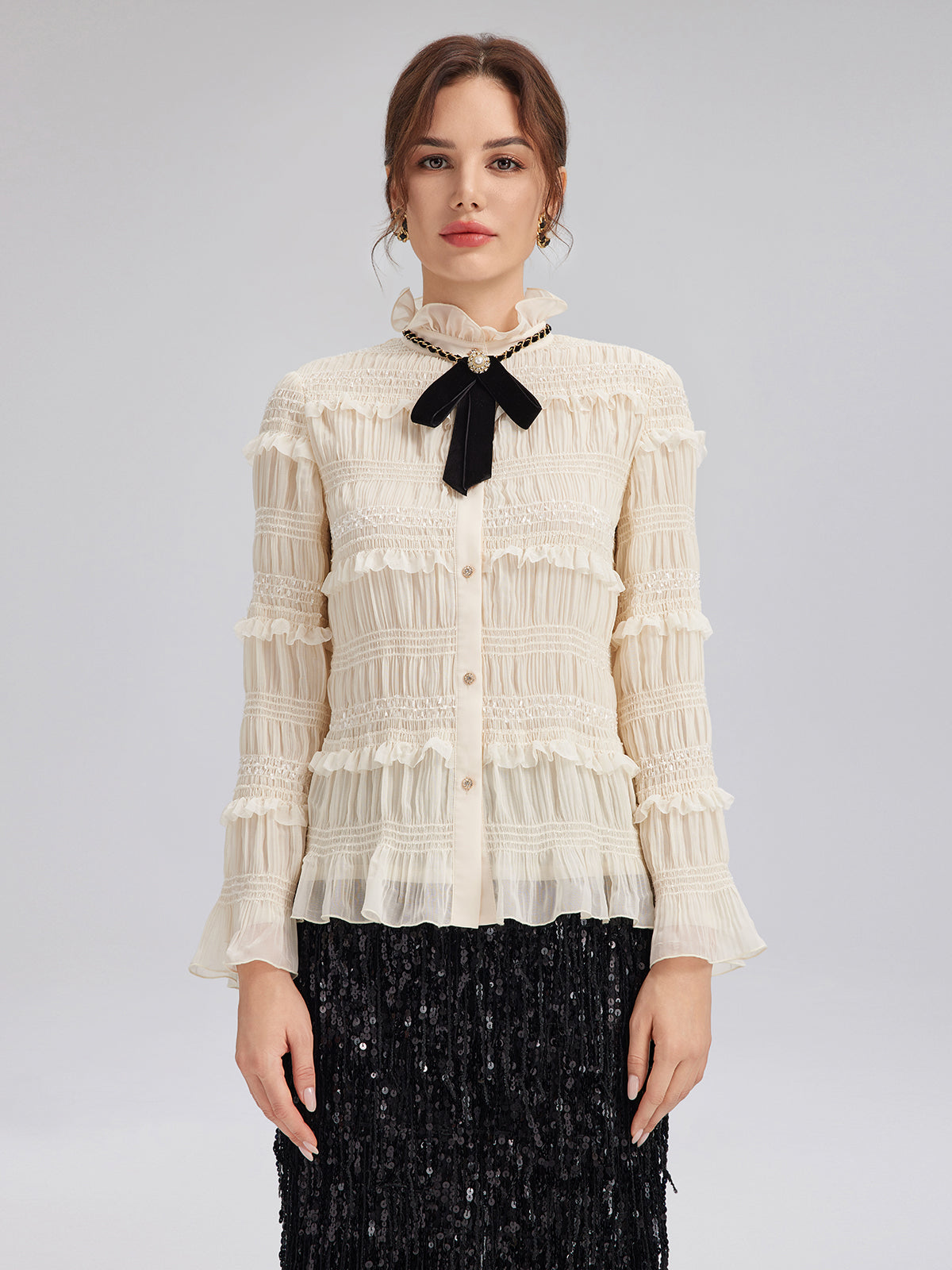Textured Pleated Ruffle Blouse (Detachable Ribbon Tie Included)