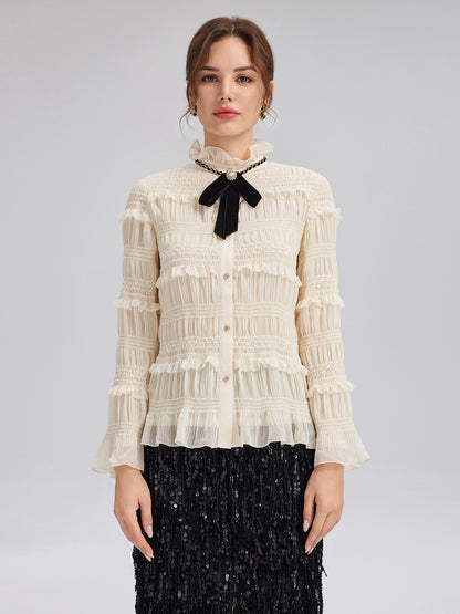 Textured Pleated Ruffle Blouse (Detachable Ribbon Tie Included)