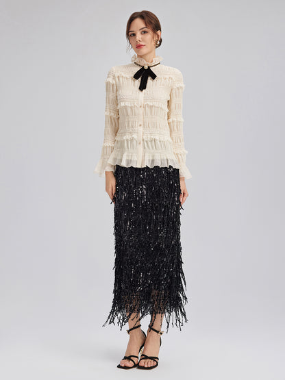Textured Pleated Ruffle Blouse (Detachable Ribbon Tie Included)
