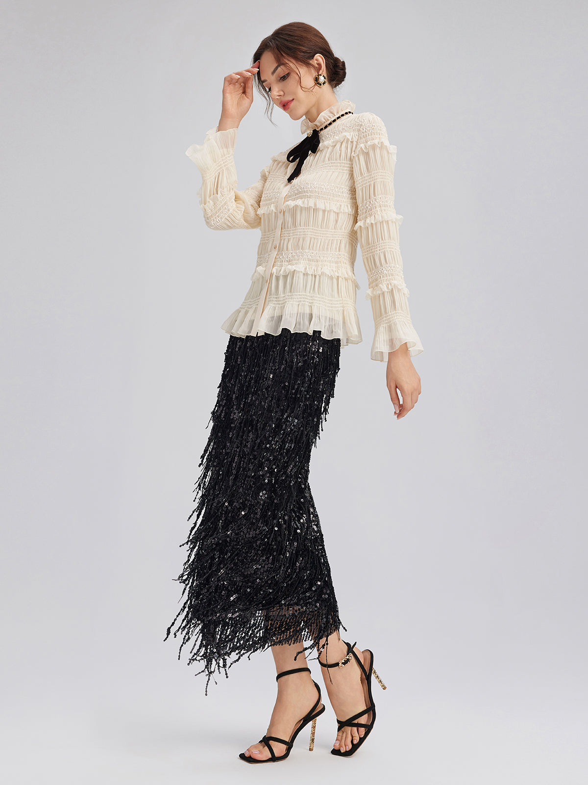 Textured Pleated Ruffle Blouse (Detachable Ribbon Tie Included)