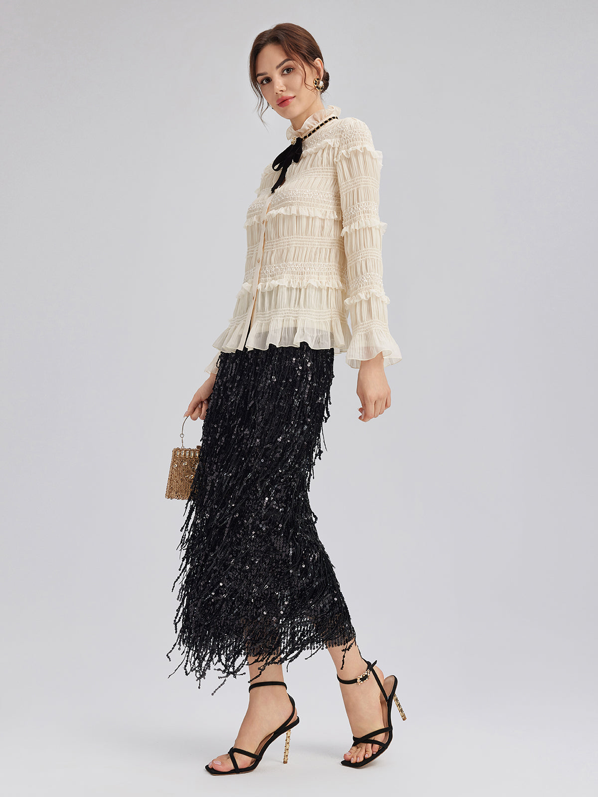 Textured Pleated Ruffle Blouse (Detachable Ribbon Tie Included)