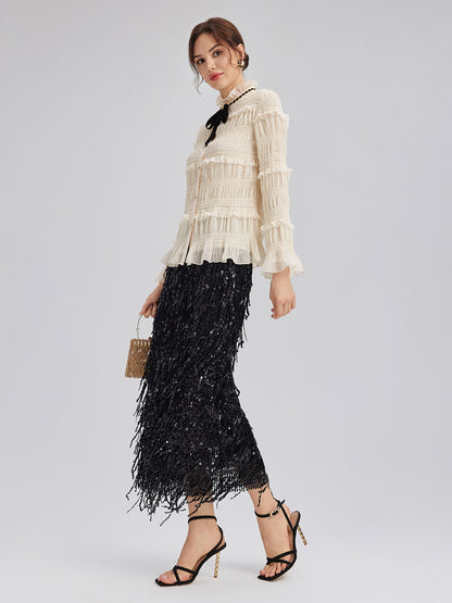 Textured Pleated Ruffle Blouse (Detachable Ribbon Tie Included)