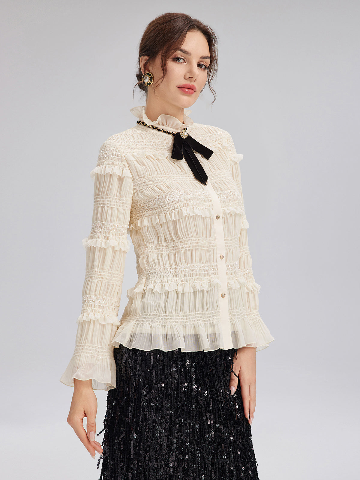 Textured Pleated Ruffle Blouse (Detachable Ribbon Tie Included)