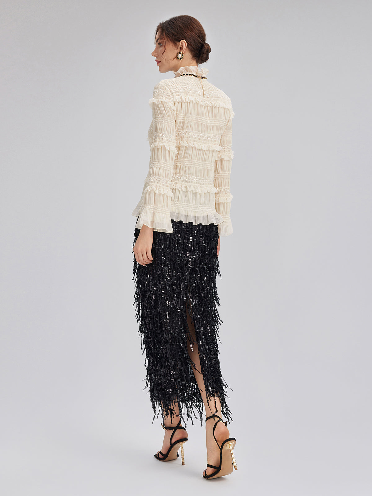 Textured Pleated Ruffle Blouse (Detachable Ribbon Tie Included)