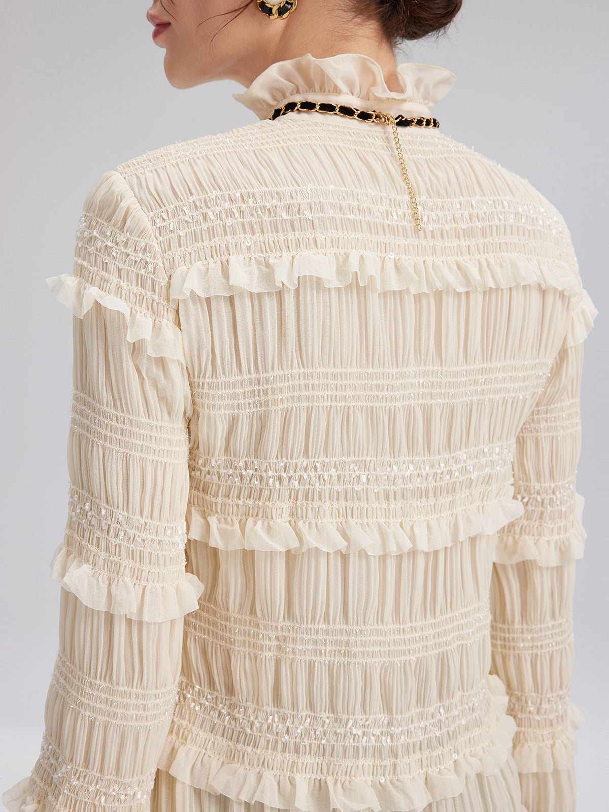 Textured Pleated Ruffle Blouse (Detachable Ribbon Tie Included)