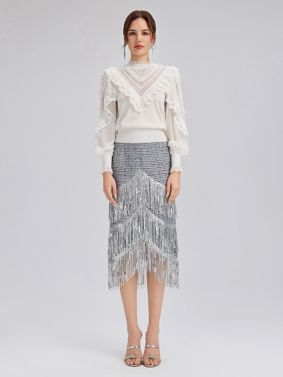 Silk-Sleeved Lace-Pearl Paneled Knit Blouse