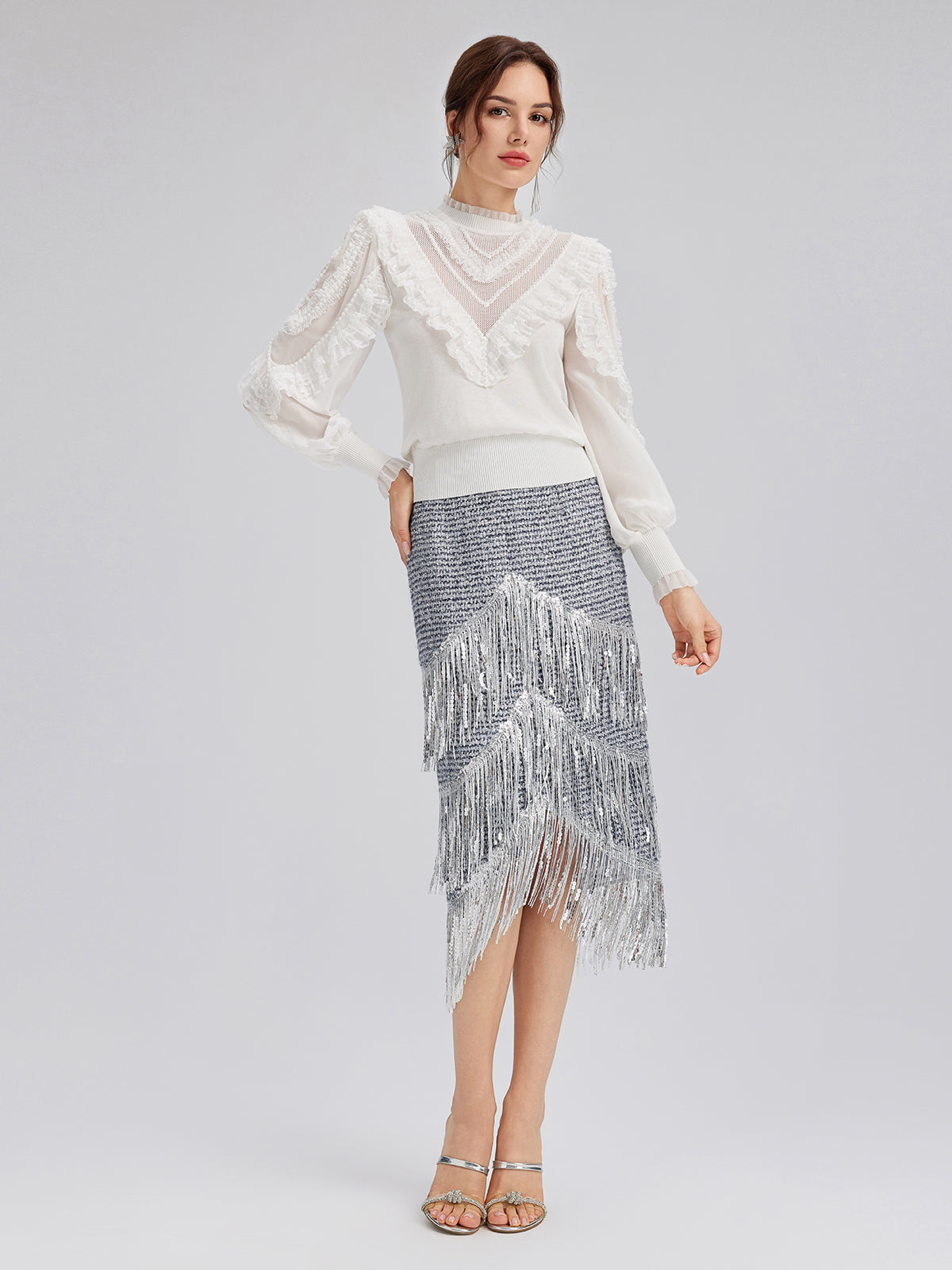 Silk-Sleeved Lace-Pearl Paneled Knit Blouse