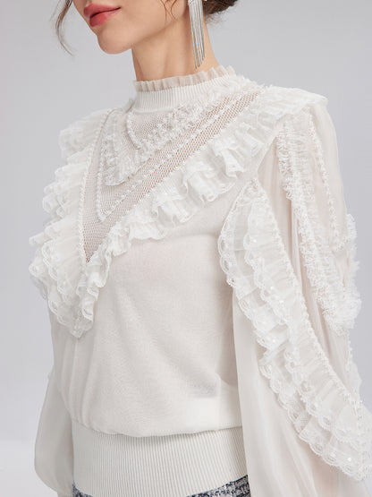 Silk-Sleeved Lace-Pearl Paneled Knit Blouse