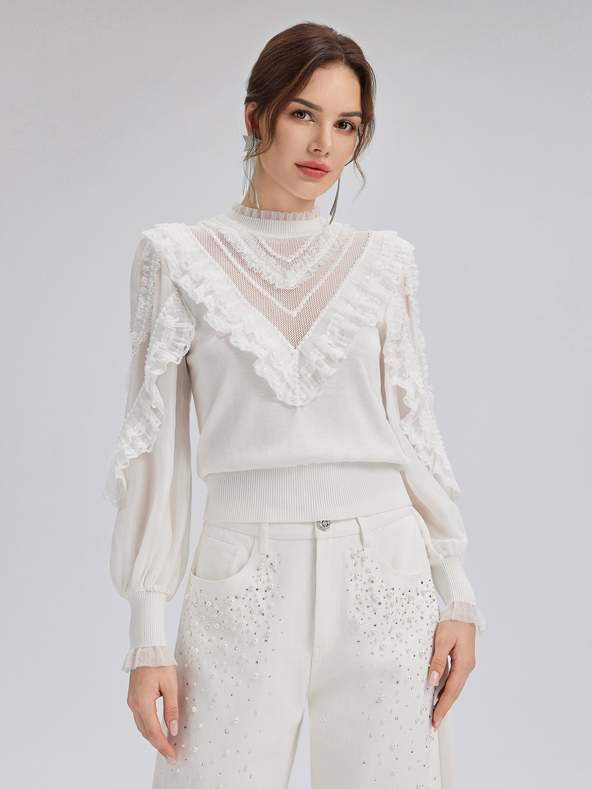 Silk-Sleeved Lace-Pearl Paneled Knit Blouse