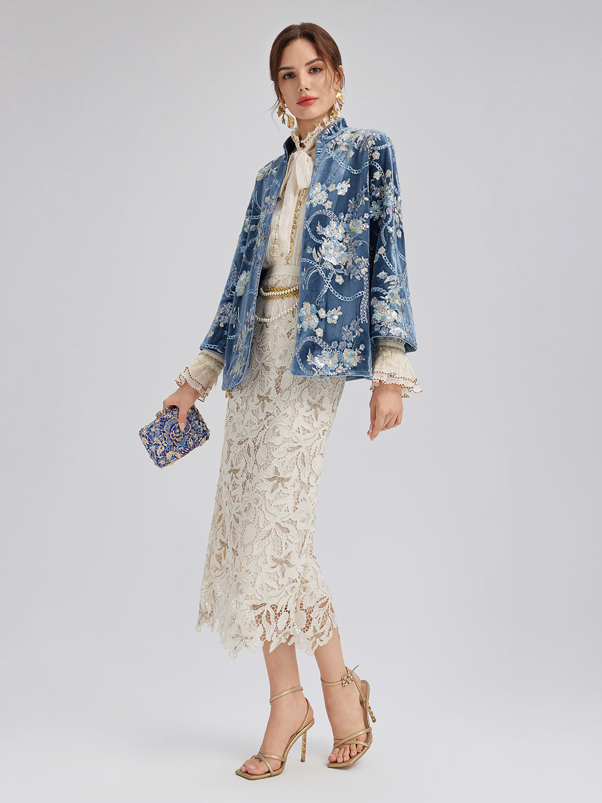 Pleated Lace-Ruffle Trim Bow-Tie Blouse