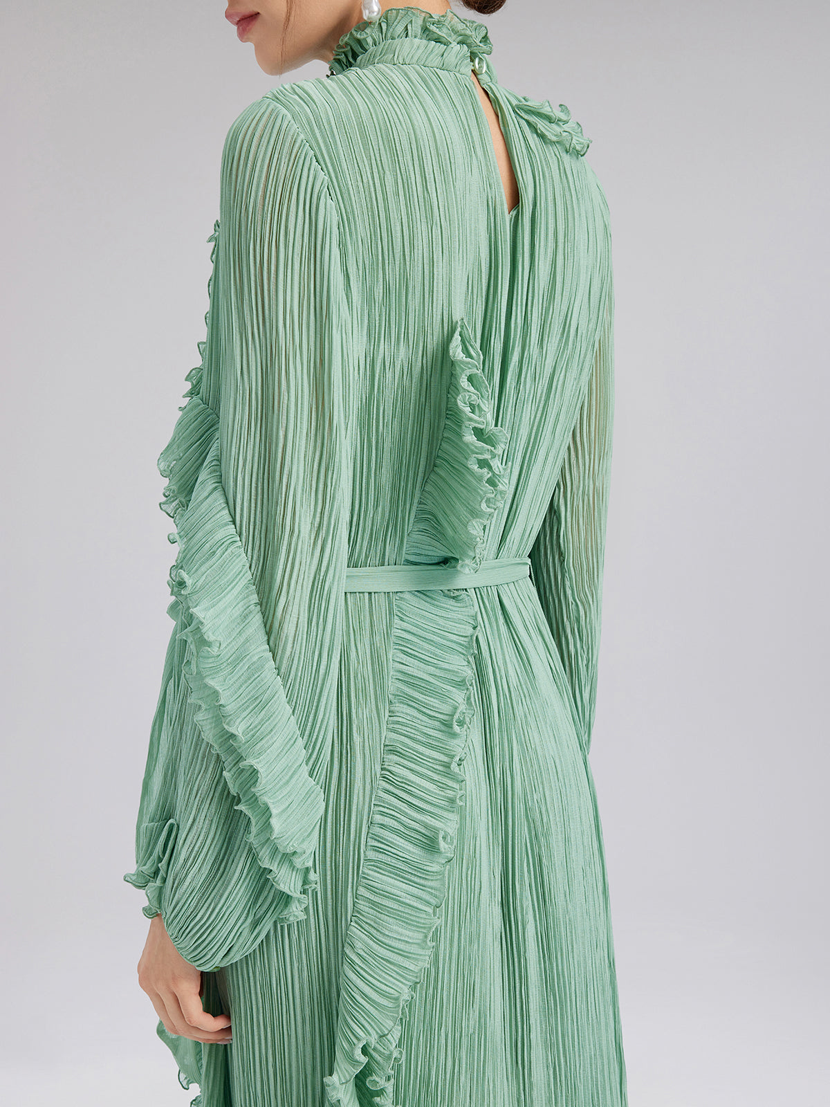 High-Neck Pleated Ruffle Dress