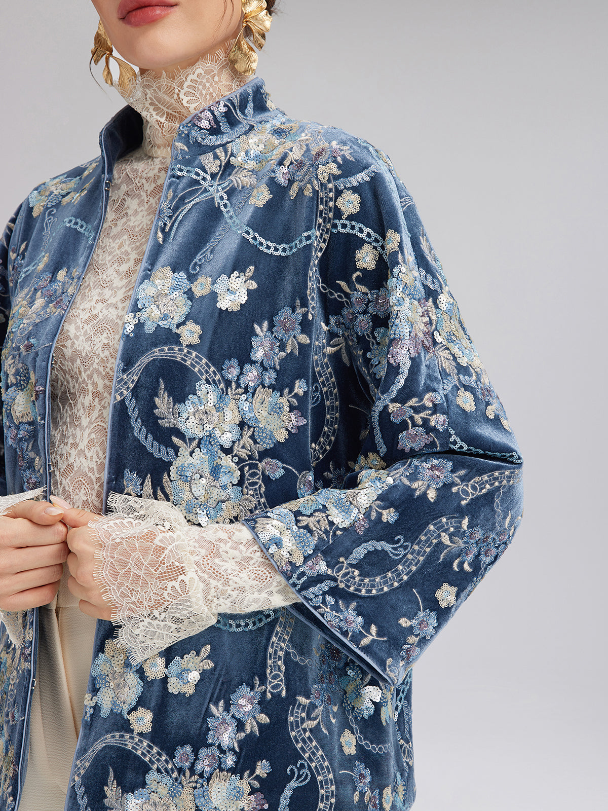 Floral Sequin Embroidered 3/4 Sleeve Velvet Jacket