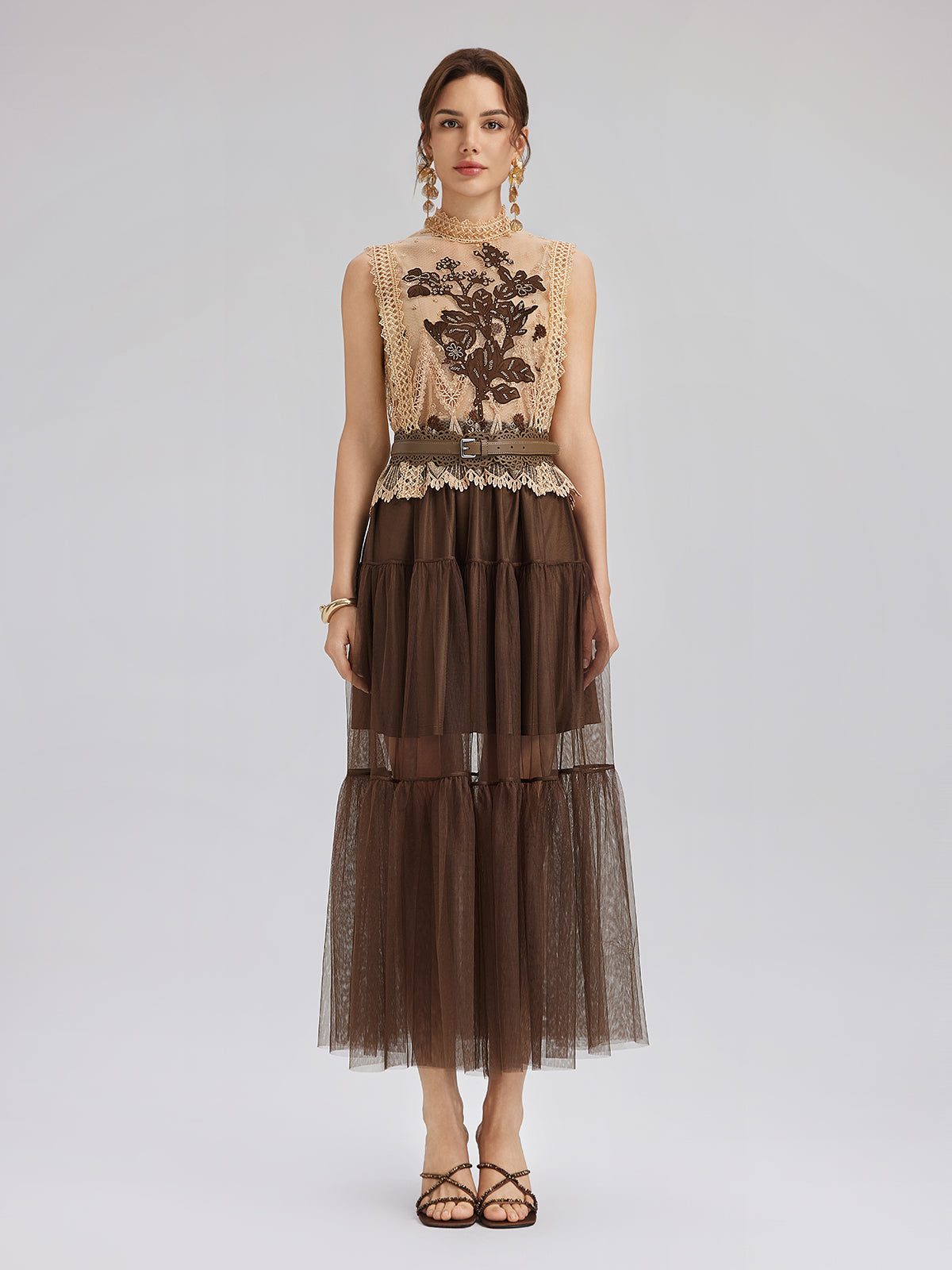 Lace Tulle Appliqué Beaded Sleeveless Dress