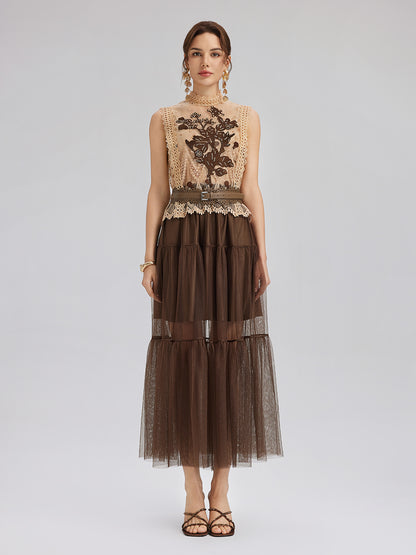 Lace Tulle Appliqué Beaded Sleeveless Dress