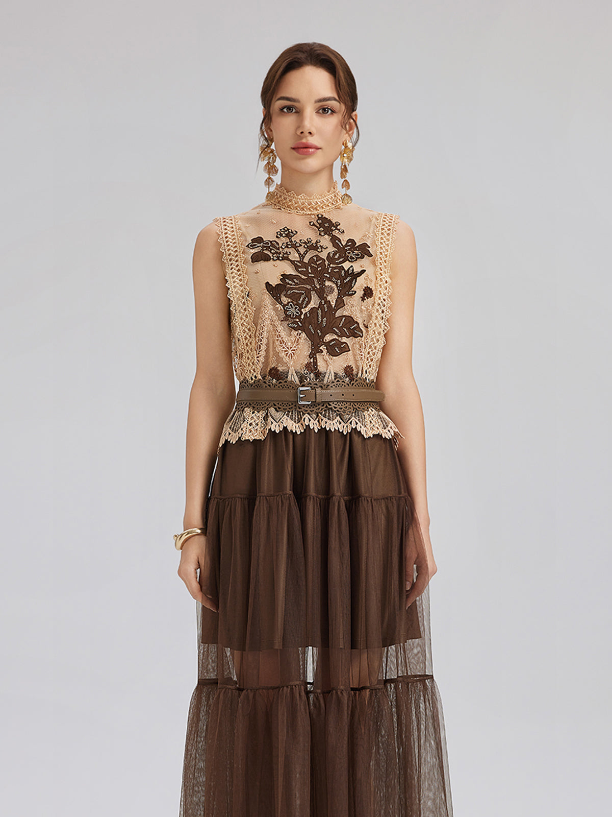 Lace Tulle Appliqué Beaded Sleeveless Dress