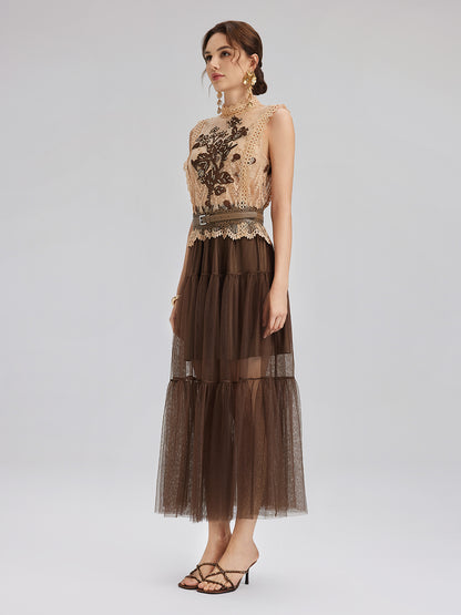 Lace Tulle Appliqué Beaded Sleeveless Dress