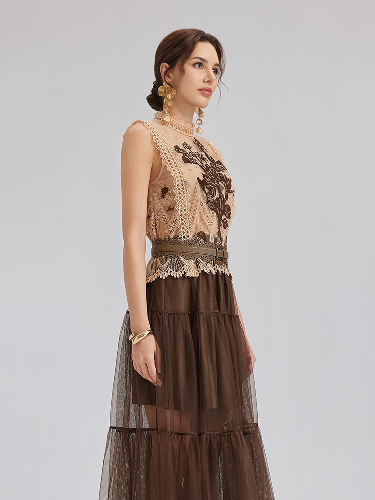 Lace Tulle Appliqué Beaded Sleeveless Dress