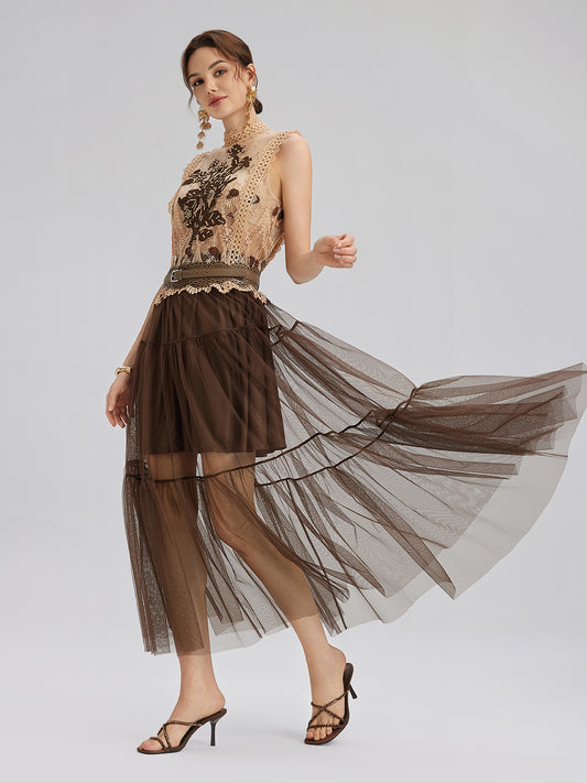 Lace Tulle Appliqué Beaded Sleeveless Dress