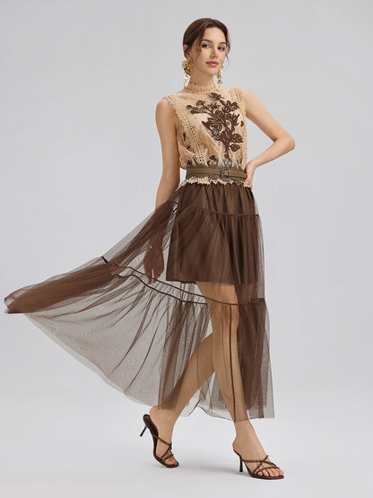 Lace Tulle Appliqué Beaded Sleeveless Dress