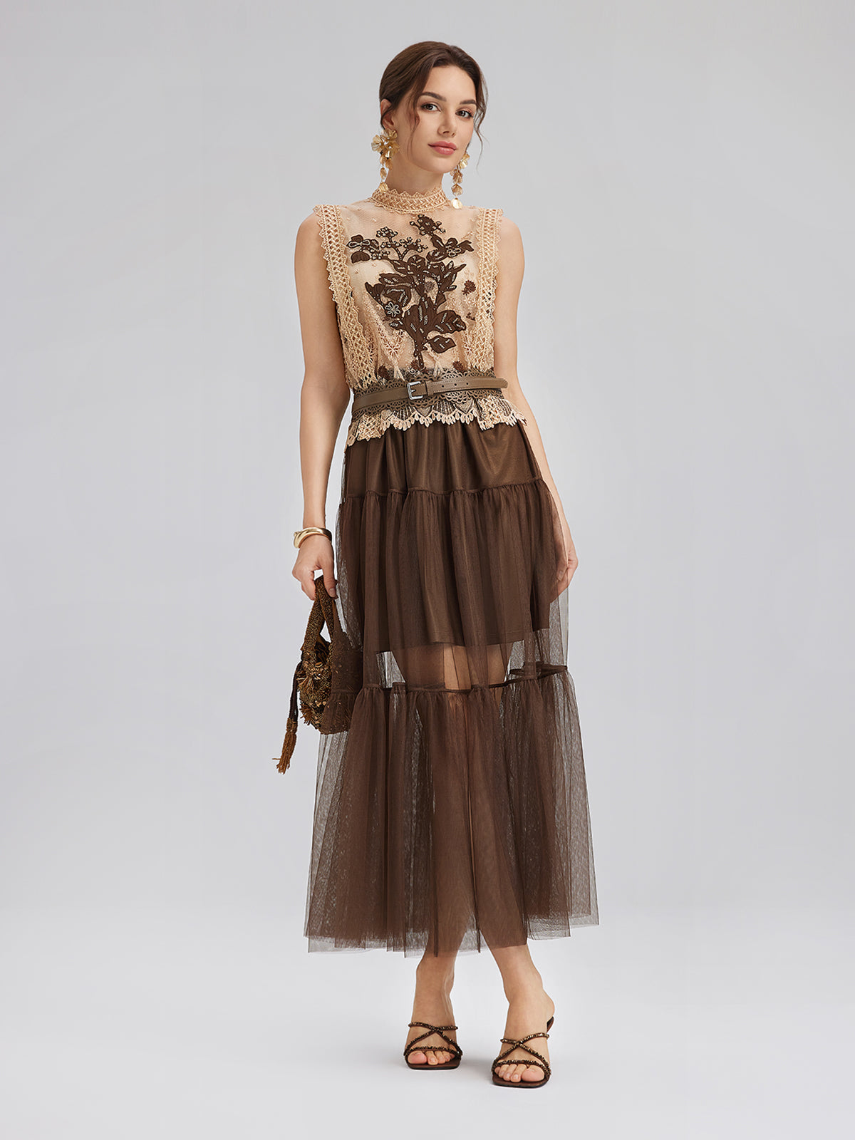 Lace Tulle Appliqué Beaded Sleeveless Dress
