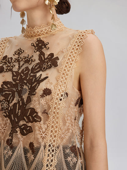 Lace Tulle Appliqué Beaded Sleeveless Dress