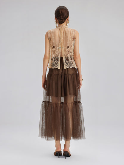 Lace Tulle Appliqué Beaded Sleeveless Dress