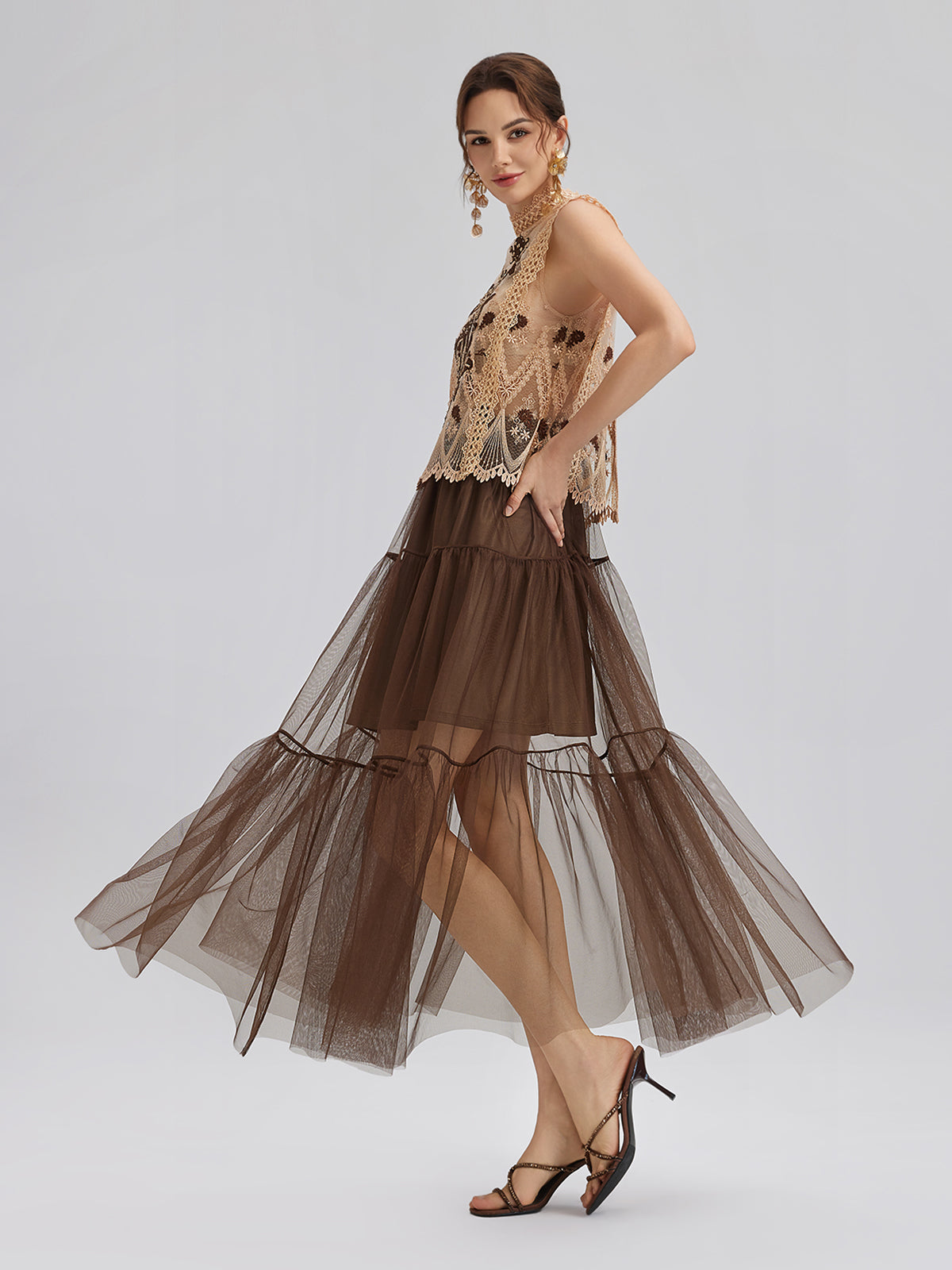Lace Tulle Appliqué Beaded Sleeveless Dress