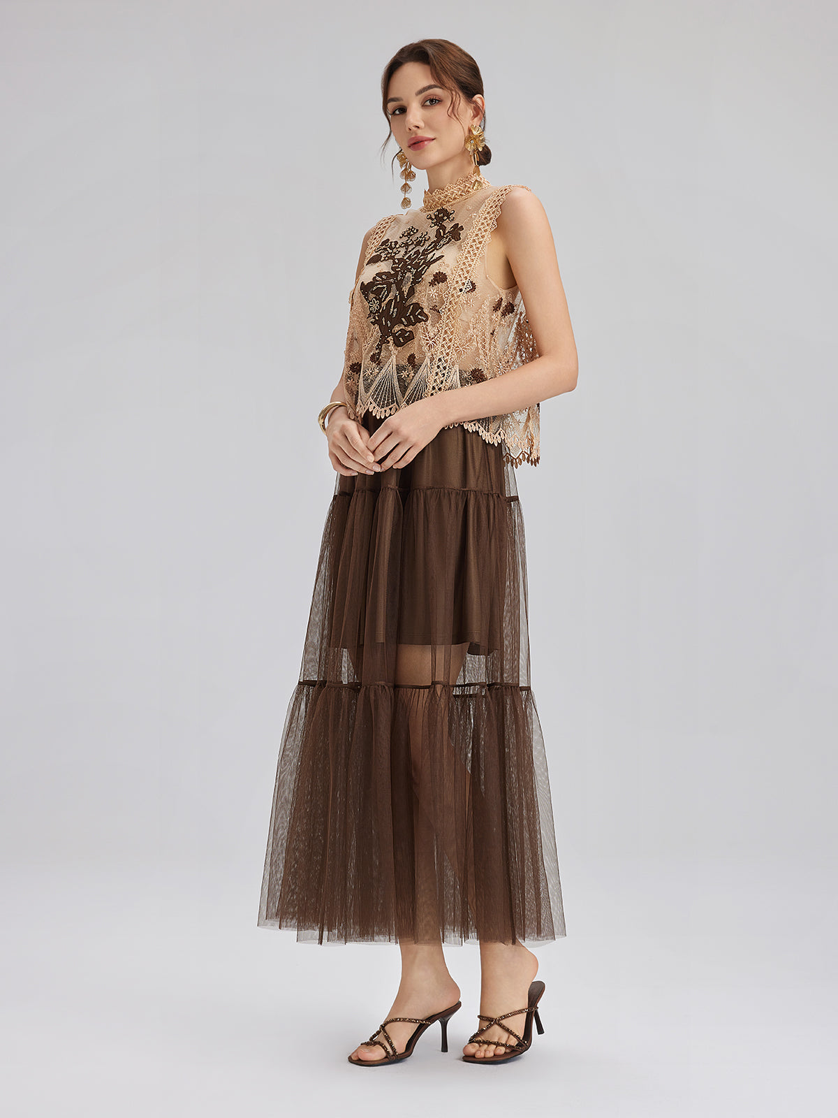 Lace Tulle Appliqué Beaded Sleeveless Dress
