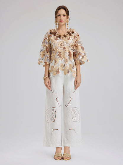 Rhinestone Embroidered Florals Lace V-Neck Top