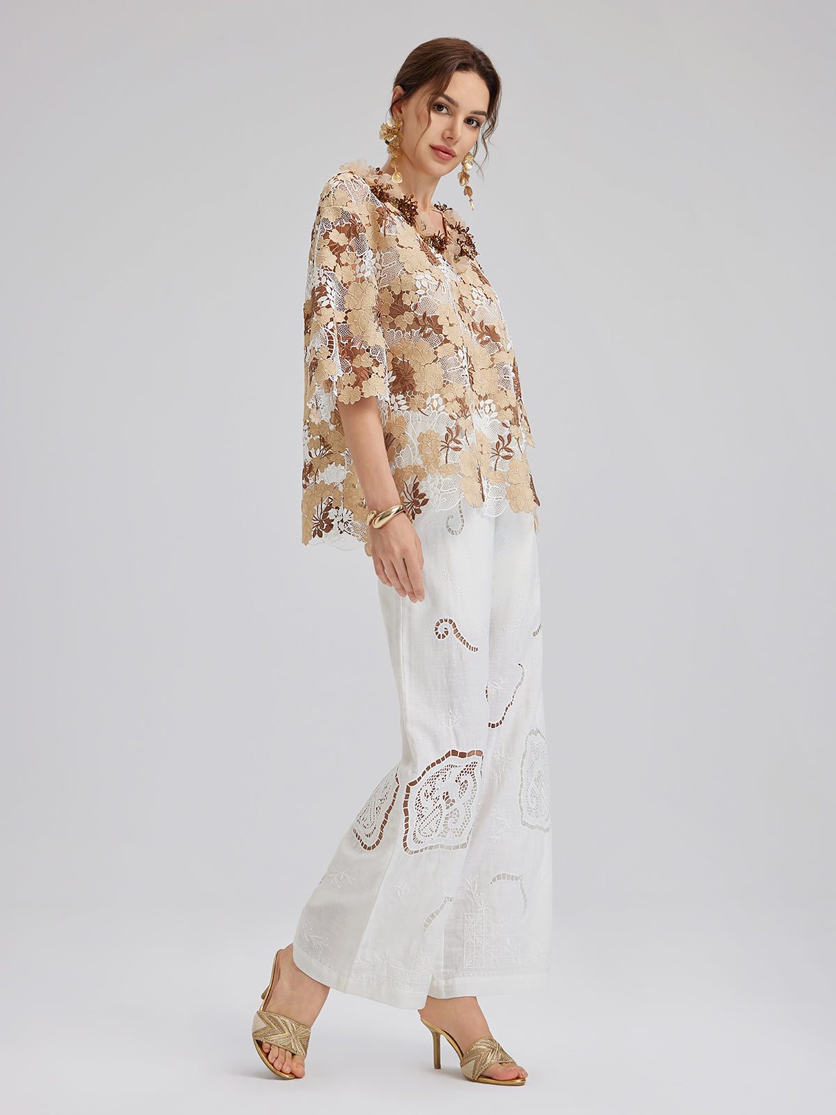 Rhinestone Embroidered Florals Lace V-Neck Top