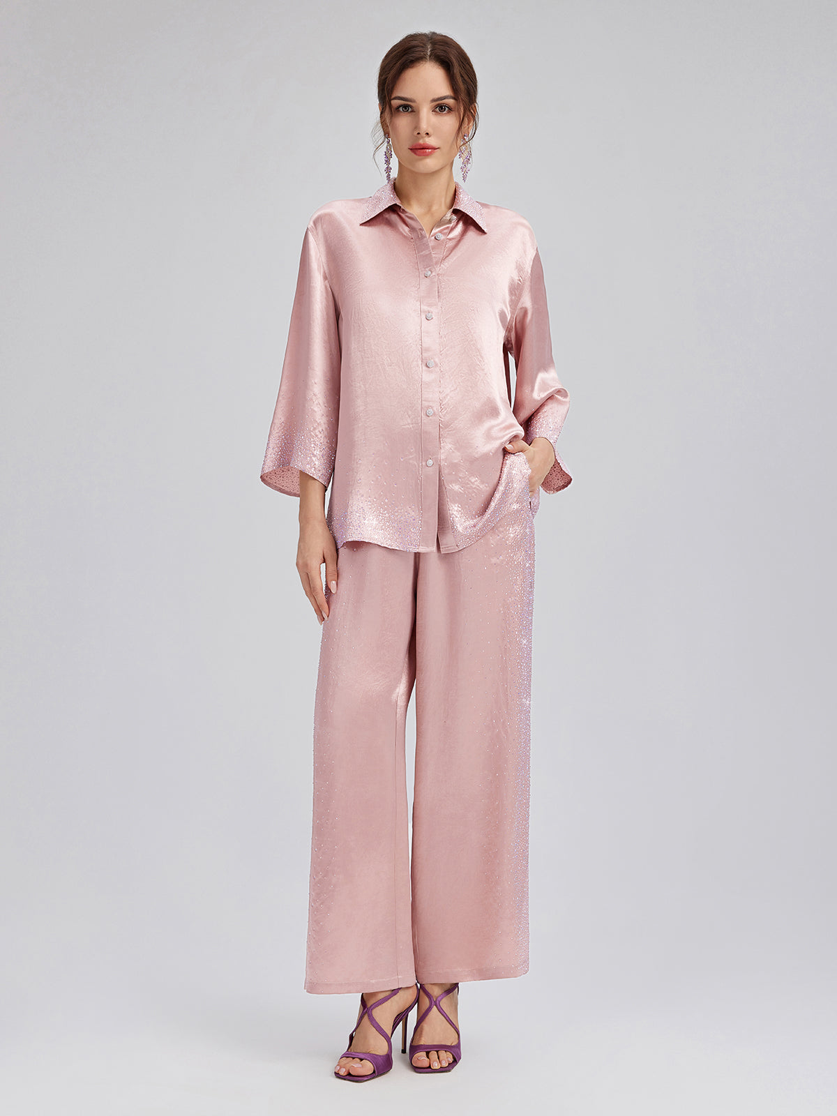 Crystal-Embellished Three-Quarter Sleeve Shirt