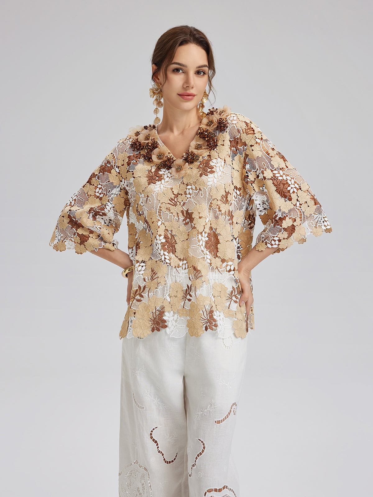 Rhinestone Embroidered Florals Lace V-Neck Top