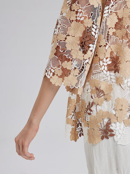 Rhinestone Embroidered Florals Lace V-Neck Top