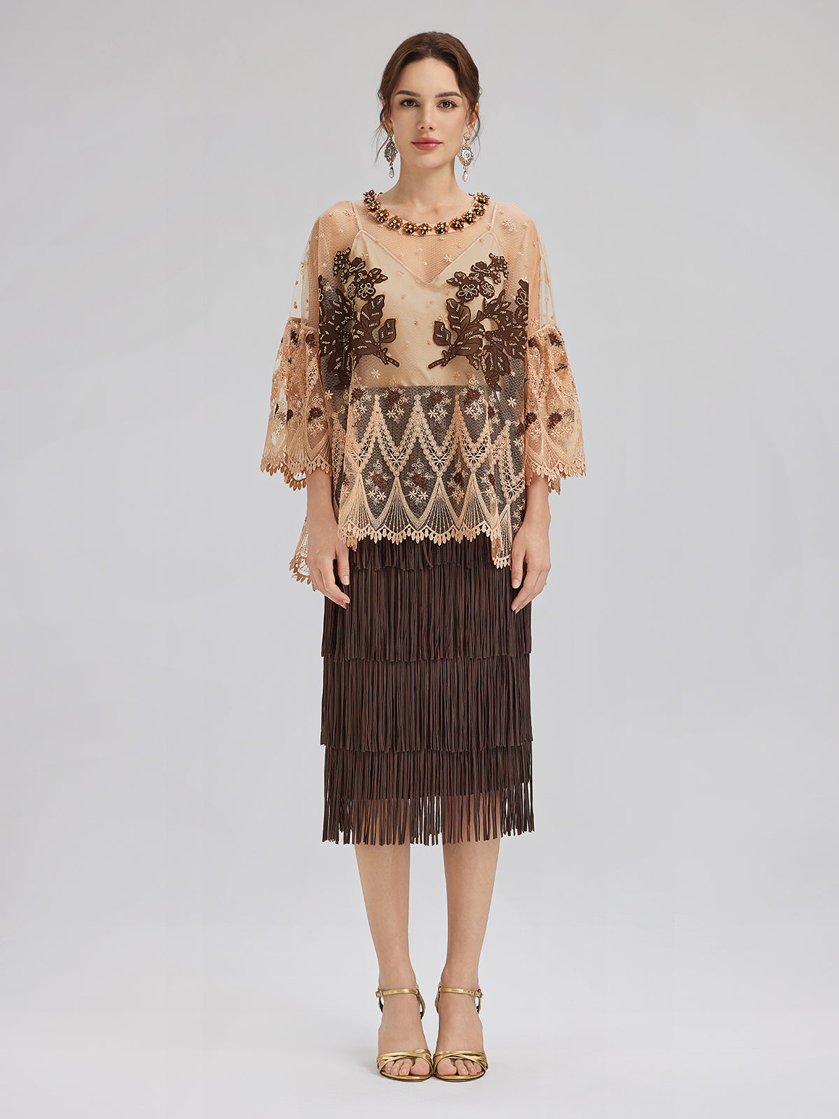 Hand-Sequined Embroidered Florals Lace Top