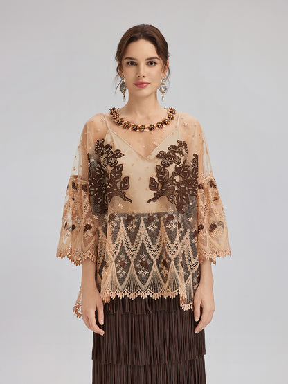 Hand-Sequined Embroidered Florals Lace Top