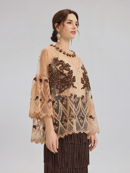 Hand-Sequined Embroidered Florals Lace Top