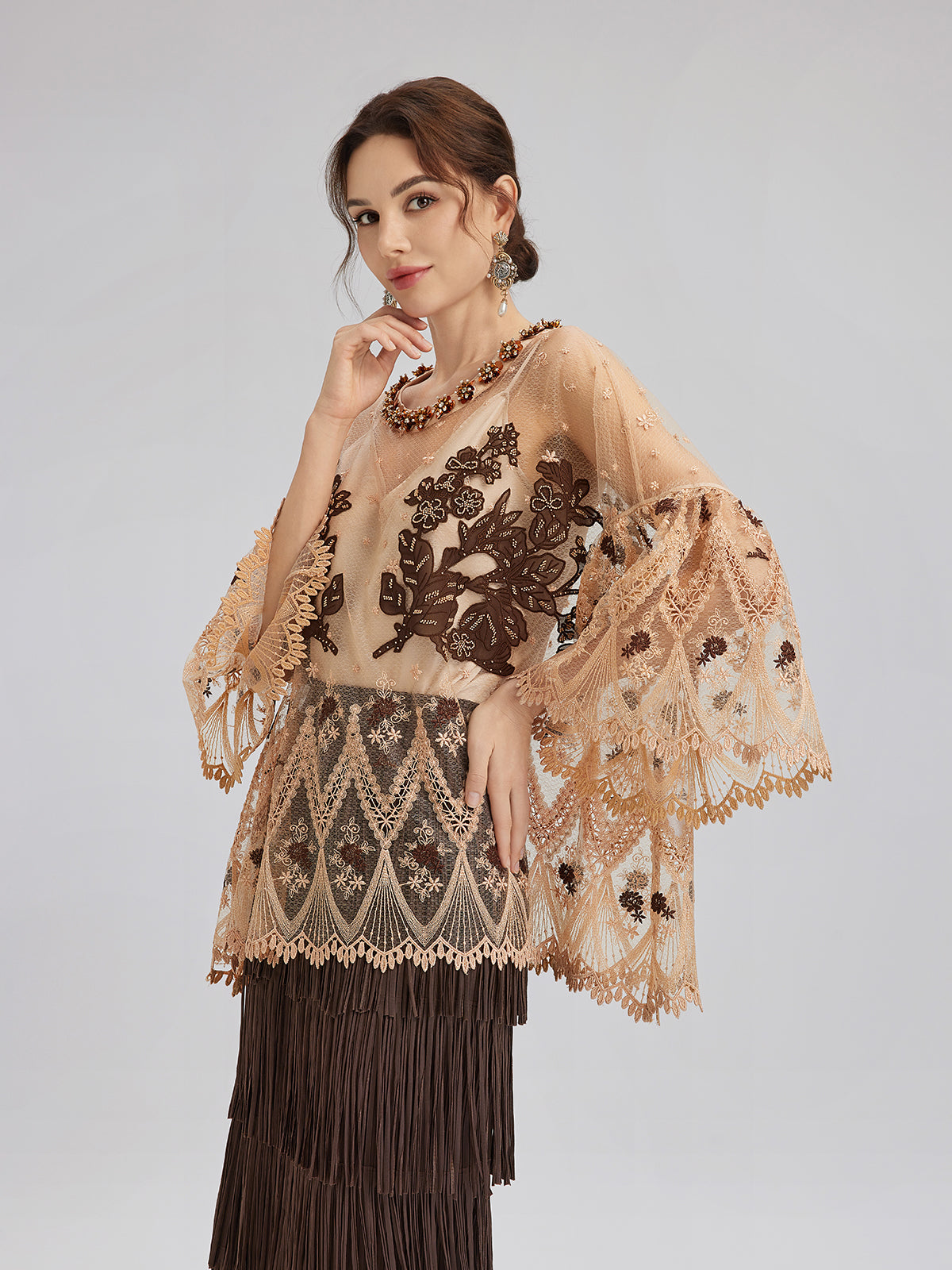 Hand-Sequined Embroidered Florals Lace Top