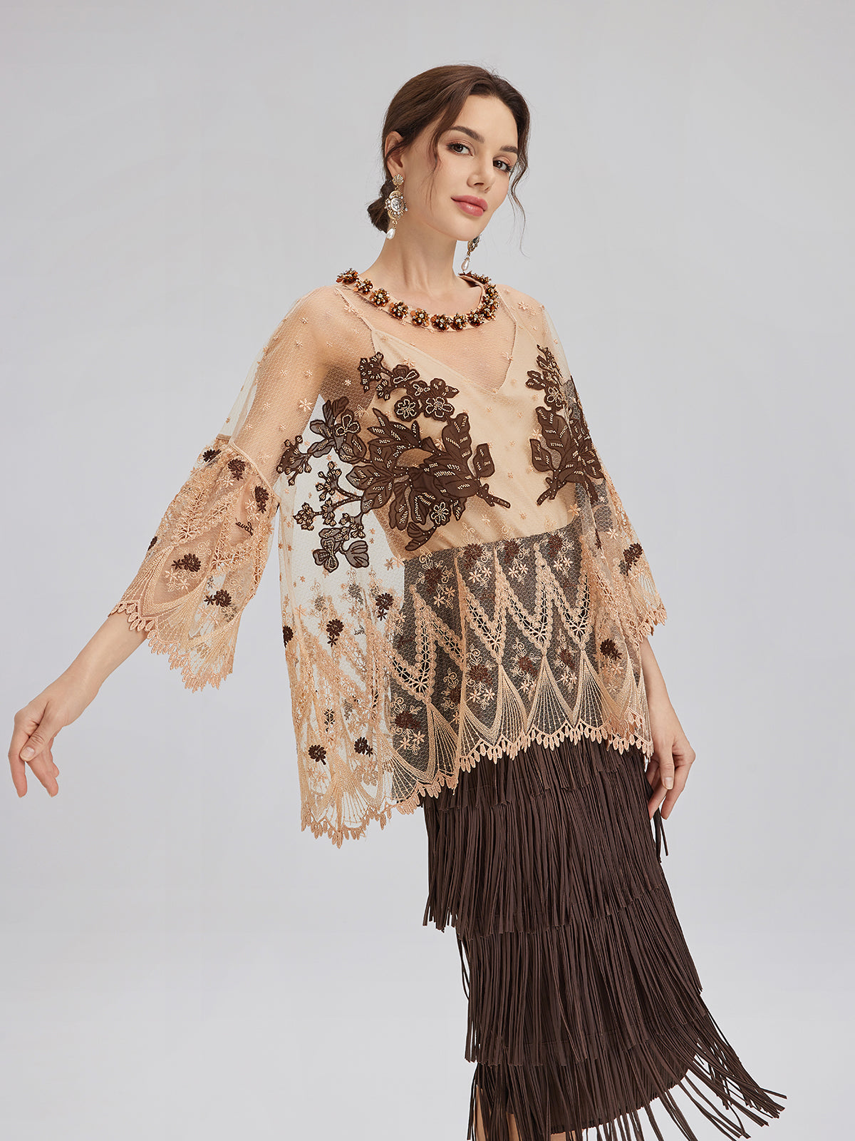 Hand-Sequined Embroidered Florals Lace Top