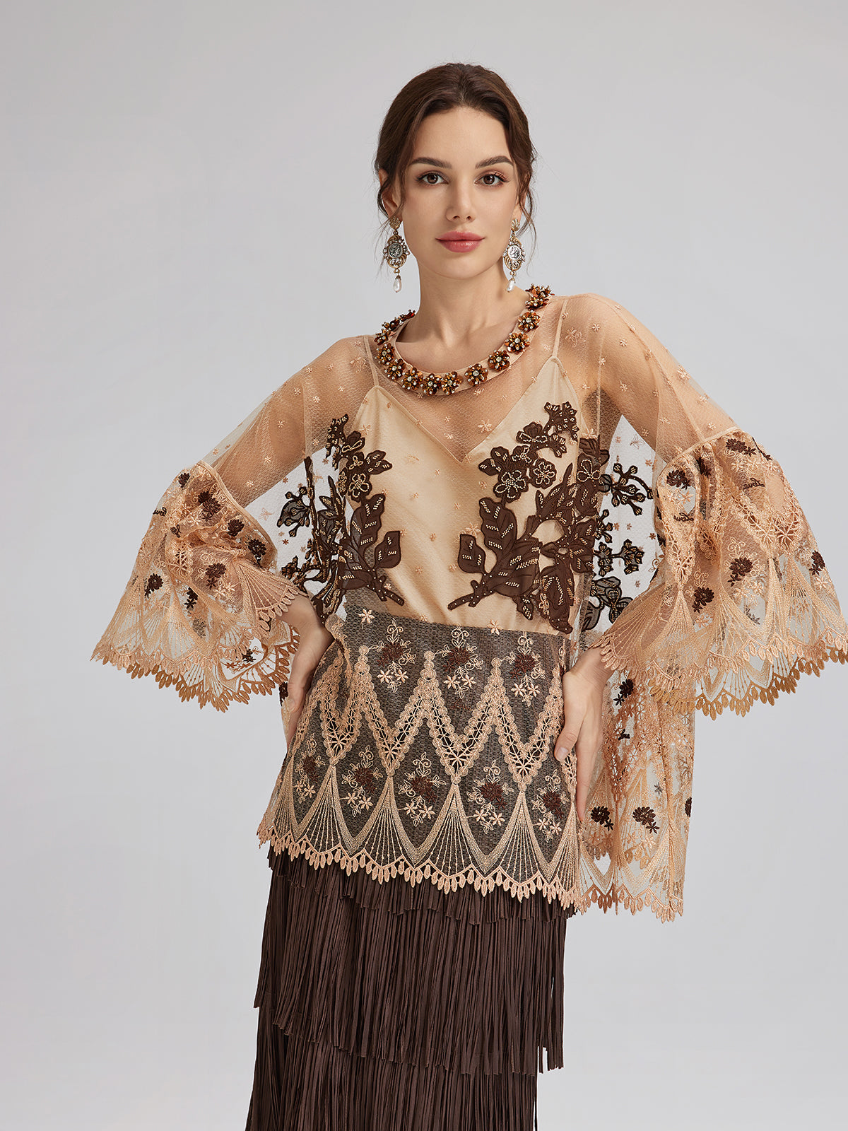 Hand-Sequined Embroidered Florals Lace Top
