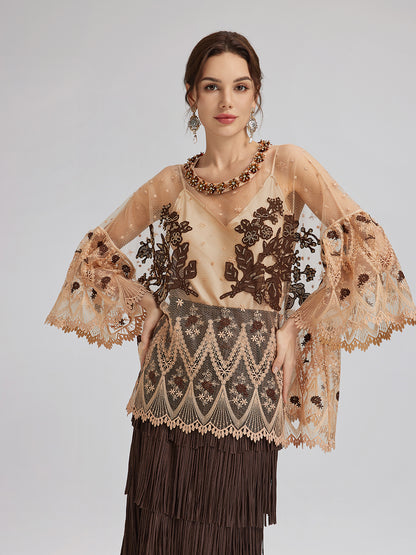 Hand-Sequined Embroidered Florals Lace Top