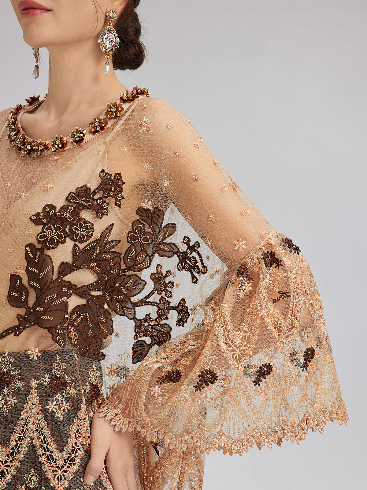 Hand-Sequined Embroidered Florals Lace Top