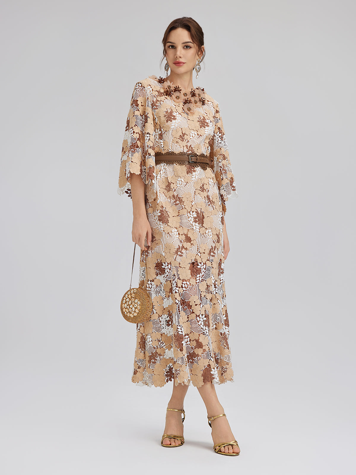 Rhinestone Openwork Embroidered Florals Lace Dress
