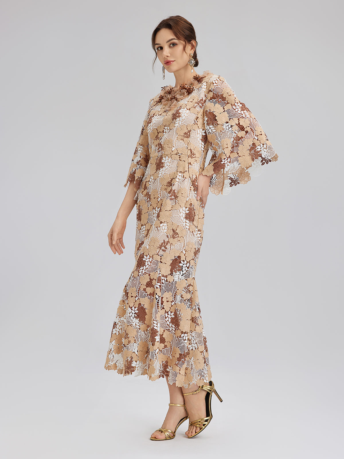 Rhinestone Openwork Embroidered Florals Lace Dress