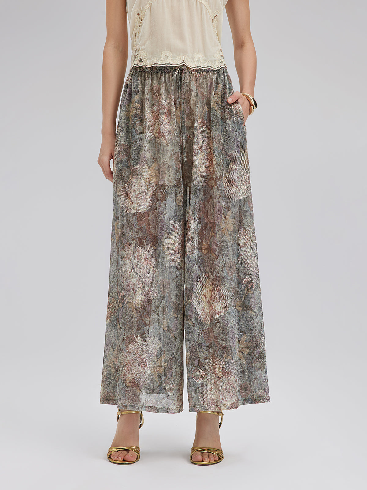Foil-Printed Lurex Knit Drawstring Pants
