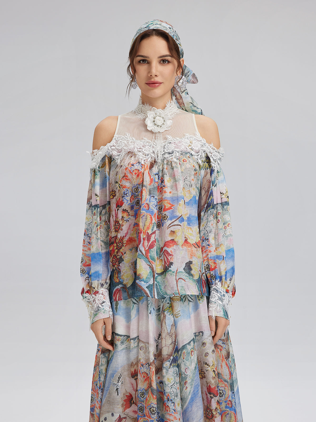 Oil Painting Print Silk-Linen Mesh Blouse
